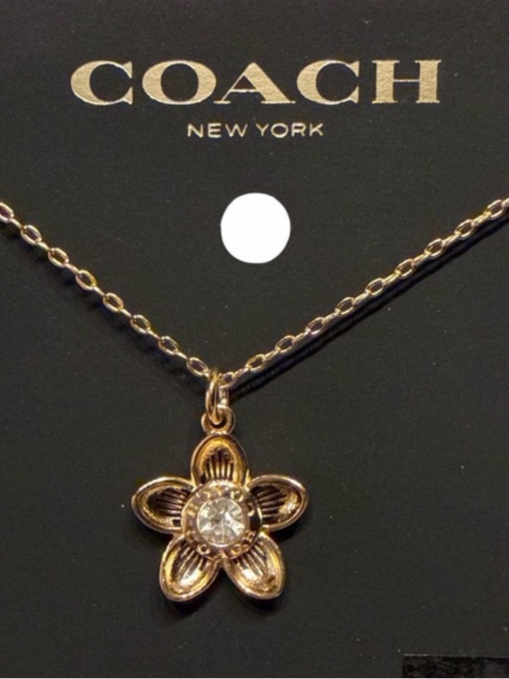 Coach NWOT Gold Flower Pendant Necklace with Clear Stone - Picture 2 of 11